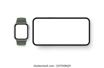 Phone With Horizontal Screen and Smart Watch Mockup, Isolated on White Background. Vector Illustration