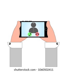 phone horizontally in hands with the operator on the screen and communication buttons