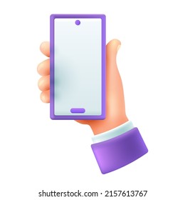 Teléfono en la mano humana Icono de estilo de dibujos animados 3d. Persona o empresario que usa los medios sociales en smartphone o celular con ilustración vectorial plana. Tecnología, comunicación, concepto de internet