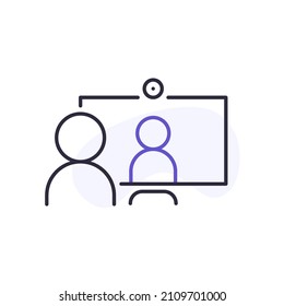 Phone in human hand with human on screen and clock. Video conference and online meeting concept. Distance work and learning. Vector illustration. Laptop, computer, smartphone, chatting, conferencing