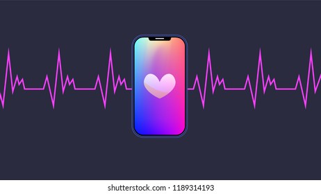 Phone with human heartbeat on the dark background. 
