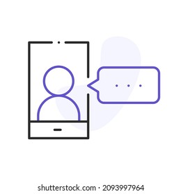 Teléfono con humanos en pantalla y mensaje. Trabajar por videochat. Videoconferencia y concepto de reunión en línea. Trabajo a distancia y aprendizaje. Ilustración vectorial. smartphone, chat, conferencia