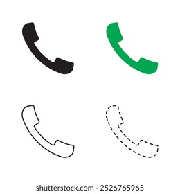 Ícone do telefone. Estilos de preto, verde, contorno e tracejado. Símbolo de fone minimalista. Ilustração vetorial.