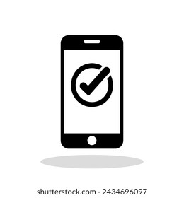 Phone icon. Black smartphone icon with a check mark. Approved symbol. Vector illustration.