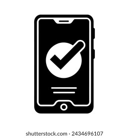 Phone icon. Black smartphone icon with a check mark. Approved symbol. Vector illustration.