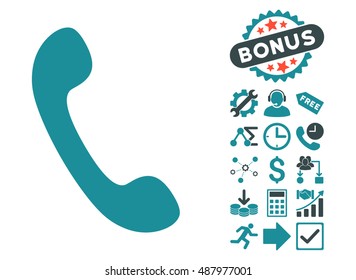 Phone icon with bonus design elements. Vector illustration style is flat iconic bicolor symbols, soft blue colors, white background.