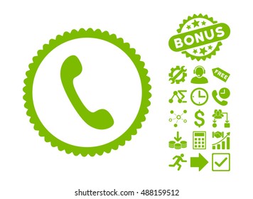 Phone icon with bonus images. Vector illustration style is flat iconic symbols, eco green color, white background.