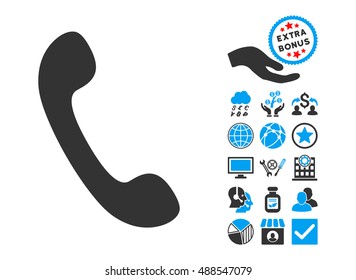 Phone icon with bonus pictogram. Vector illustration style is flat iconic bicolor symbols, blue and gray colors, white background.