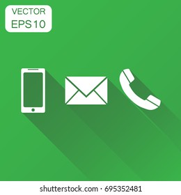 Phone icon. Business concept smartphone, phone, message envelope pictogram. Vector illustration on green background with long shadow.