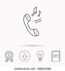 Phone icon. Call ringtone sign. Download arrow, lamp, learn book and award medal icons.