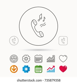 Phone icon. Call ringtone sign. Calendar, Graph chart and Cogwheel signs. Download and Heart love linear web icons. Vector