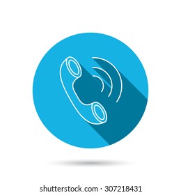 Phone icon. Call sign. Blue flat circle button with shadow. Vector