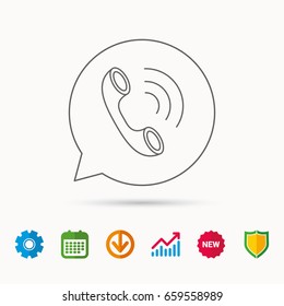 Phone icon. Call sign. Calendar, Graph chart and Cogwheel signs. Download and Shield web icons. Vector