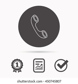 Phone icon. Call sign. Report document, winner award and tick. Round circle button with icon. Vector