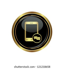 Phone icon with chat menu on the black with gold round button. Vector illustration