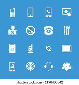 Phone icon. collection of 16 phone filled icons such as tablet, wire, home on tablet, call, camera, operator, support, door ringer. editable phone icons for web and mobile.