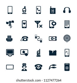 Phone icon. collection of 25 phone filled icons such as display, nurse, gear on display, intercom, home on tablet, broken battery. editable phone icons for web and mobile.