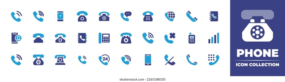 Phone icon collection. Duotone color. Vector illustration. Containing telephone, viber, smartphone, old phone, contact, phone book, landline, call, call missed, mobile, signal, telephone.