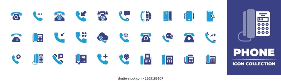 Phone icon collection. Duotone color. Vector illustration. Containing old phone, phonecall, telephone, call center, phone case, phone vibration, search, landline, incoming call, dial pad.