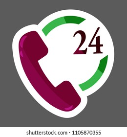 Phone icon  colored sticker 24 hours support. Handset vector illustration icon.  Layers grouped for easy editing illustration.  For your design. 