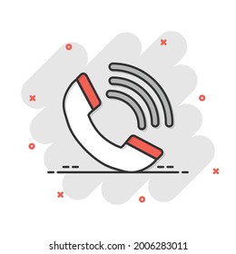 Phone icon in comic style. Telephone call cartoon vector illustration on white isolated background. Mobile hotline splash effect business concept.
