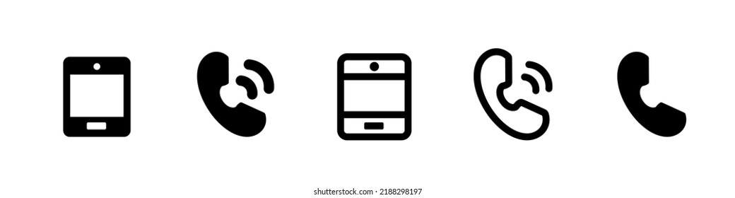 Phone Icon. Cute Cartoon Phones. Smartphone And Handset. Black Icons Isolated On White Background. Vector Clipart.