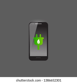Phone icon with dark background. Eco symbol on cellphone display