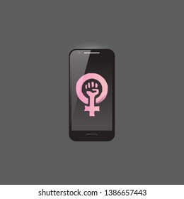 Phone icon with dark background. Pink feminist sign on smartphone display