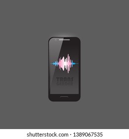 Phone icon with dark background. Sound sign in transgender flag colors on cellphone display