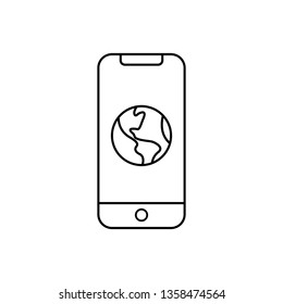 Phone icon with earth globe on the screen. Mobile smartphone linear vector illustration.