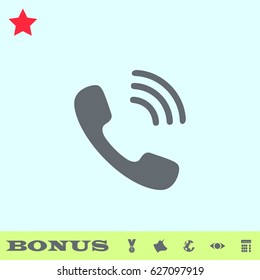 Phone icon flat. Grey pictogram on blue background. Vector illustration symbol and bonus buttons medal, cow, earth, eye, calculator