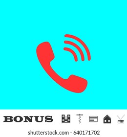 Phone icon flat. Red pictogram on blue background. Vector illustration symbol and bonus buttons Music center, corkscrew, credit card, house, drum