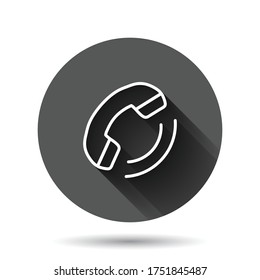 Phone icon in flat style. Telephone call vector illustration on black round background with long shadow effect. Mobile hotline circle button business concept.