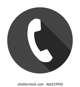 Phone icon in flat style. Vector illustration on round black background with shadow.