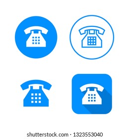 Phone icon, four variants, classic symbol, icon in circle, outlined symbol in circle, and flat icon with long shadow, vector illustration, blue color