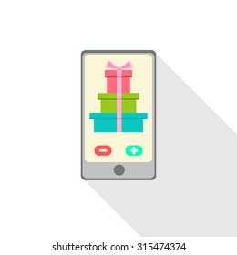 Phone icon with gifts on screen and long shadow. Flat, vector, illustration.