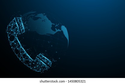 Phone icon with globe. Technology connection concept. Lines, triangles and particle style design. Illustration vector