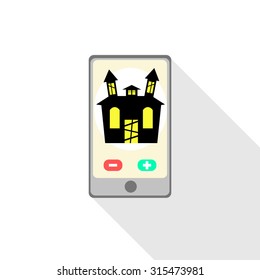 Phone icon with halloween house on screen and long shadow. Flat, vector, illustration.