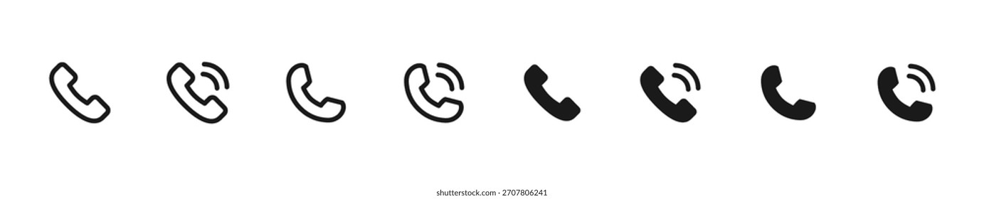 Icono de teléfono. Variaciones de auriculares con señales de timbre para llamadas y señal de comunicación. Conveniente para las Páginas de contacto, los App móviles, las herramientas de la línea directa y el símbolo limpio de los Elementos de UI.