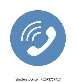 Phone icon, handset with waves as phone call sign in flat style placed in blue circle. Vector telephone symbol.