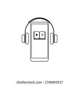 Phone icon with headphones and an audio book. Black outline on a white background. Vector illustration, flat design, eps 10.