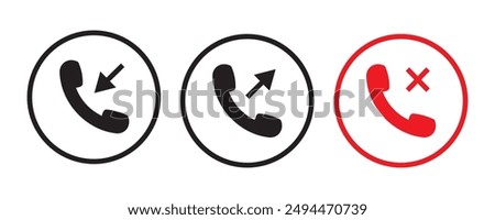 Phone icon. incoming call, outgoing call, missed call line icon, Answer and decline phone call buttons stock vector