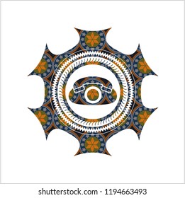 phone icon inside arabesque badge background. arabic decoration.