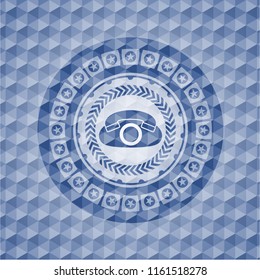 phone icon inside blue emblem or badge with abstract geometric polygonal pattern background.