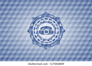 phone icon inside blue emblem with geometric pattern background.