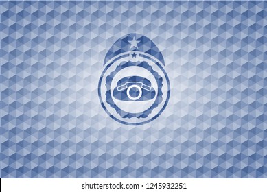 phone icon inside blue emblem or badge with abstract geometric polygonal pattern background.