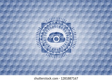 phone icon inside blue emblem with geometric pattern background.