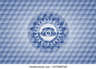 phone icon inside blue emblem with geometric background.