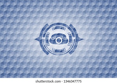 phone icon inside blue hexagon badge.