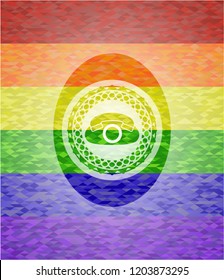 phone icon inside emblem on mosaic background with the colors of the LGBT flag